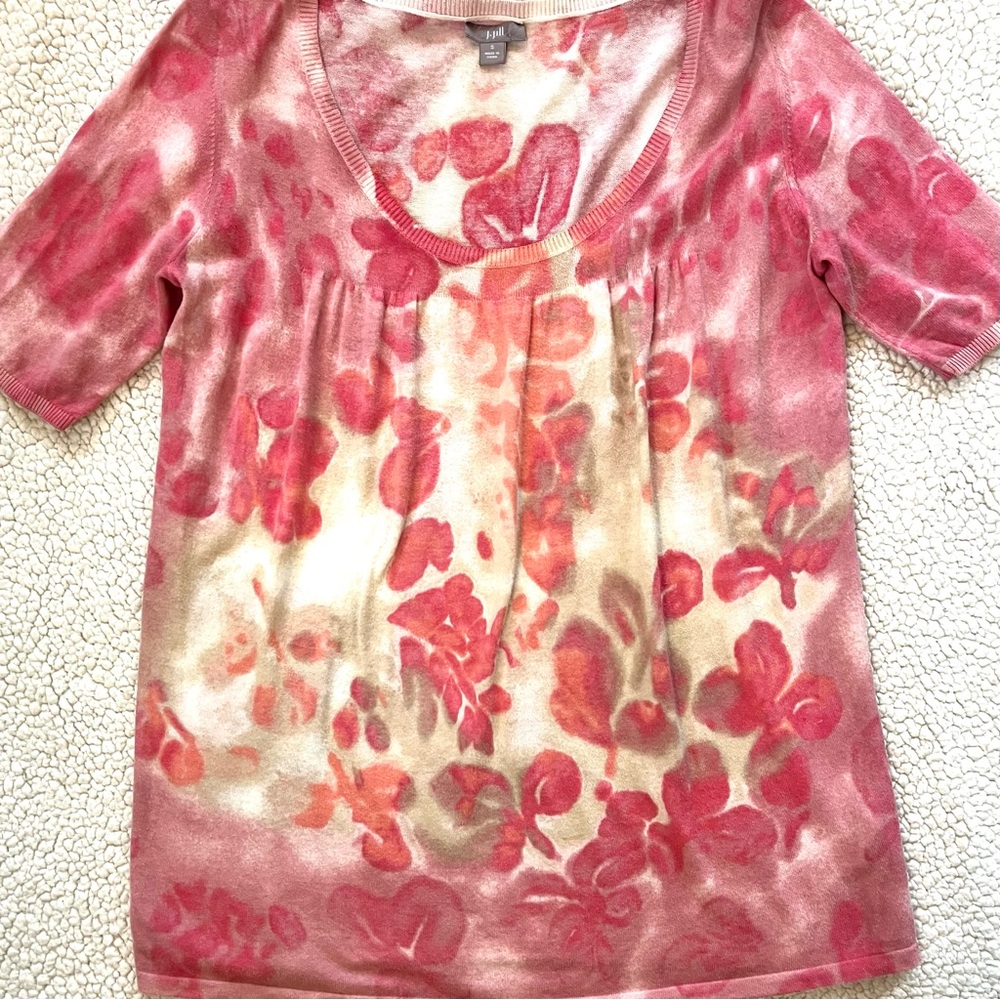 J. Jill Pink and Cream Floral Short Sleeve Top Size Scoop Neck Loose Fit